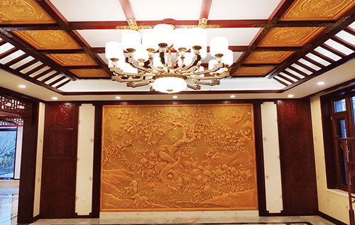 黔南中式别墅客厅中式木作横梁吊顶装饰展示